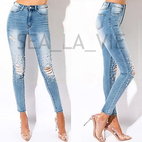 Sea La Vie Denim - Pearl-Detail Distressed Mid-Rise Skinny Jean